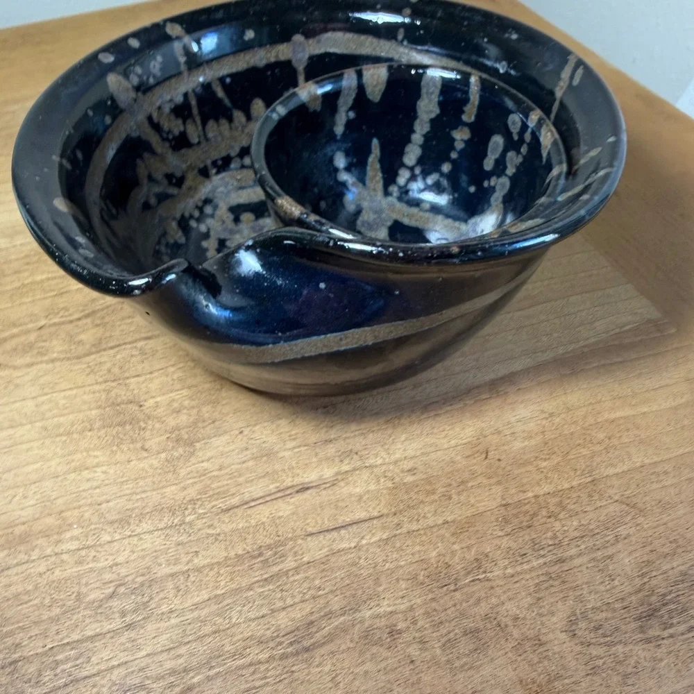 Jepson Handmade Ceramic Chip and Dip Bowl Set Blue Tan Splatter Stoneware